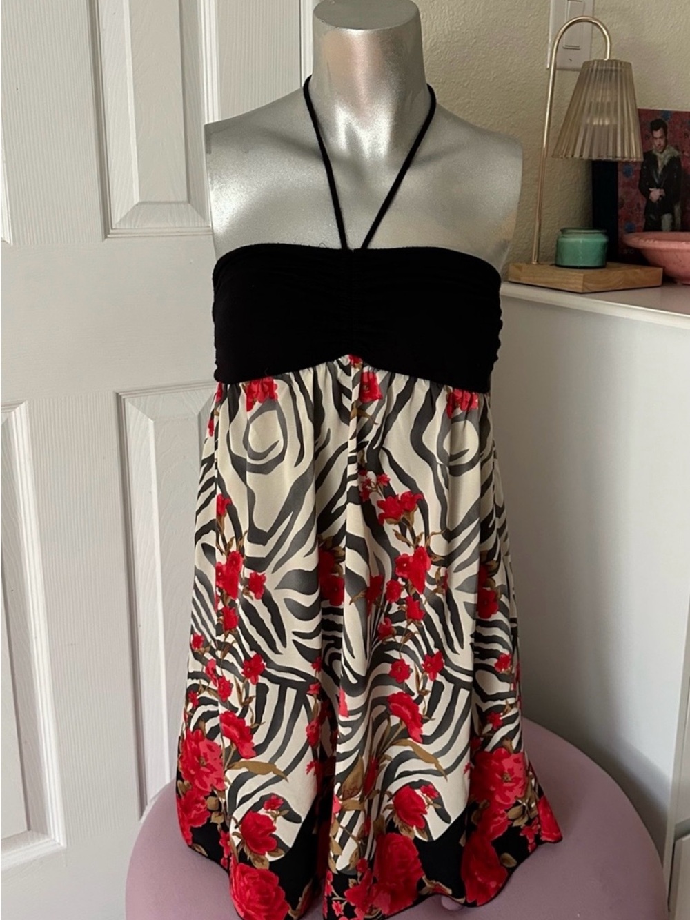 Y2K Moa Moa Zebra Print & Red Floral Pattern Halter Top